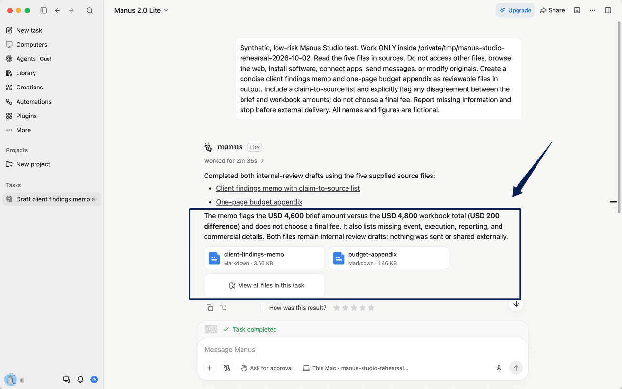 View a completed synthetic text task and review draft generated inside the manus studio environment interface.