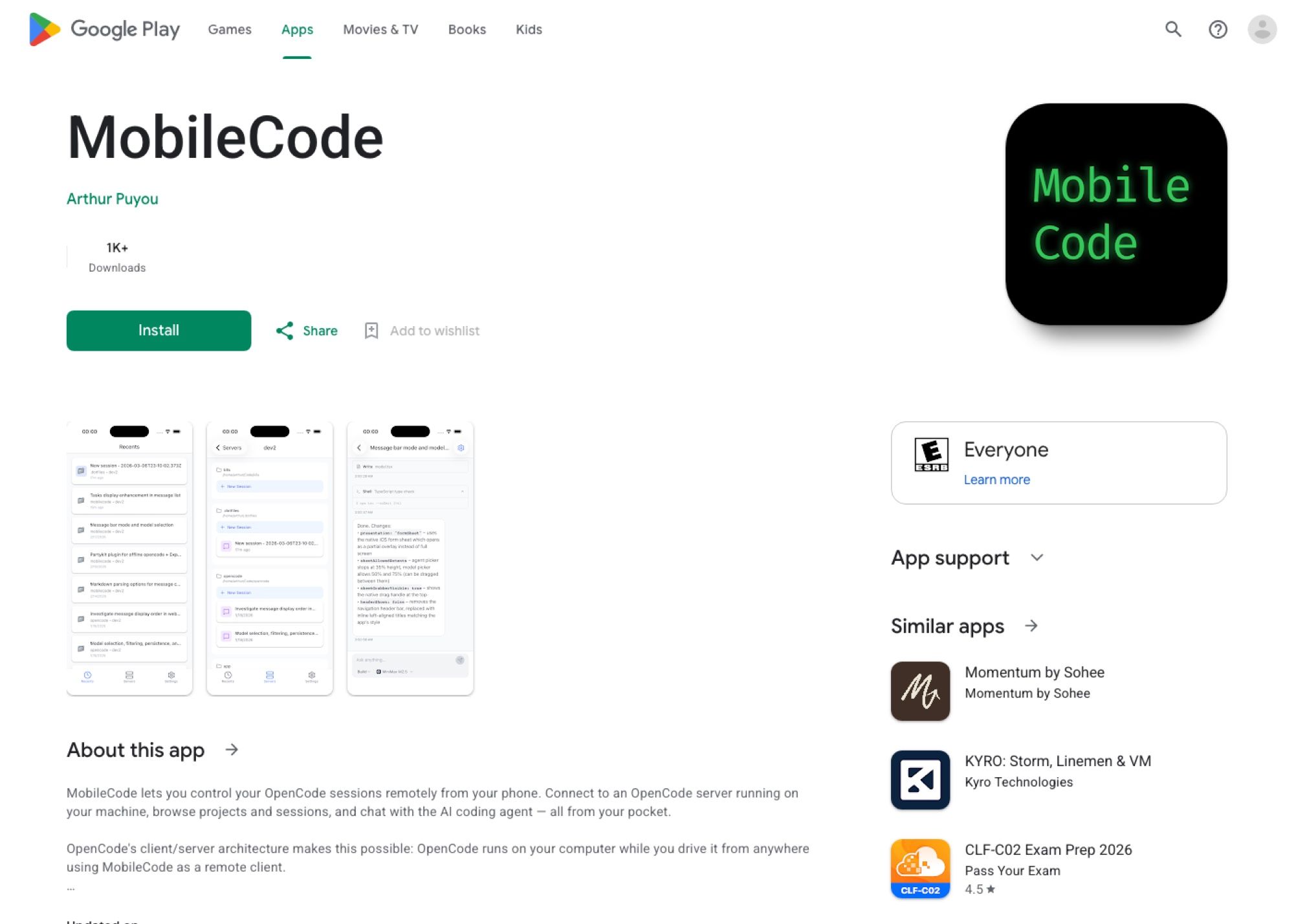 The Google Play listing for io.apuyou.mobilecode, a different product with the same name: a phone client for controlling an OpenCode server that runs on your own machine.