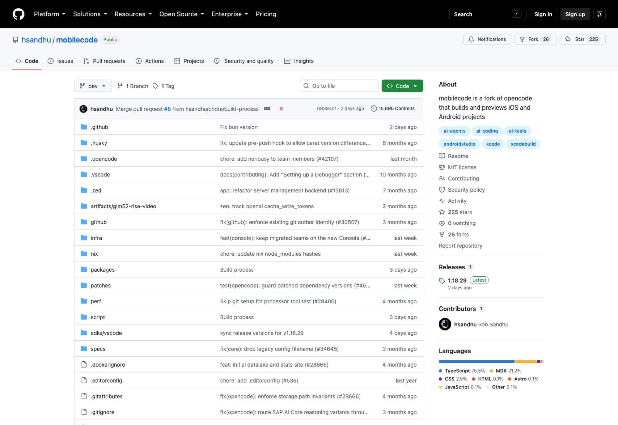 The hsandhu/mobilecode repository on GitHub: 225 stars, 26 forks, 15,695 commits inherited from opencode, one contributor, release 1.18.29 and an MIT licence.