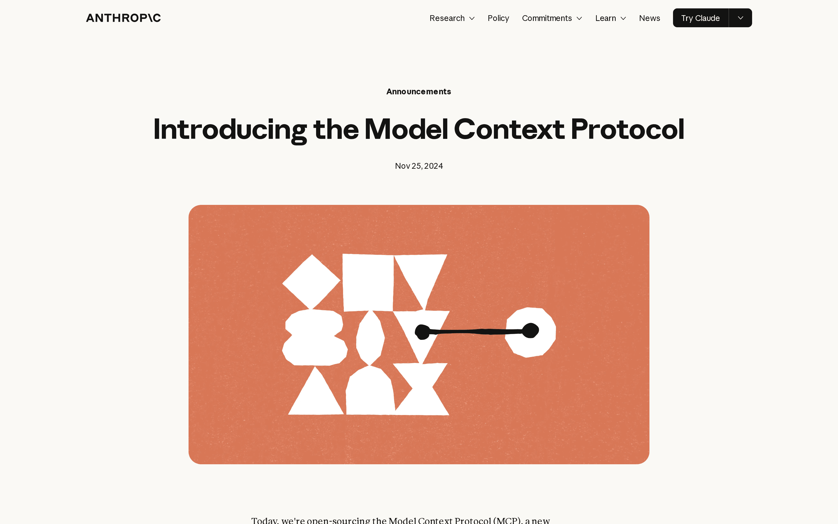 Anthropic's public Model Context Protocol announcement, identifying the protocol Step AOS says it uses