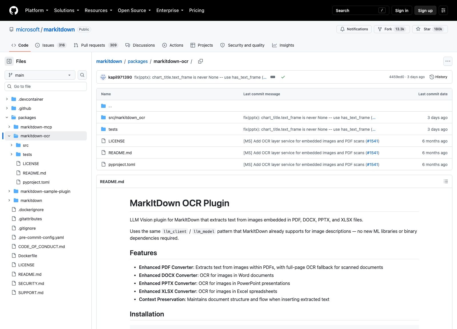 The markitdown-ocr package inside the microsoft/markitdown repository. Its README describes an LLM Vision plugin for text embedded in PDF, DOCX, PPTX and XLSX files, using the same llm_client and llm_model arguments as the core library.