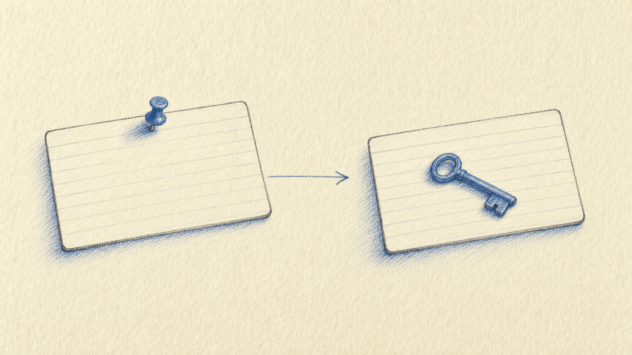 Two blank index cards and a key show the difference between stored context and permission to act.