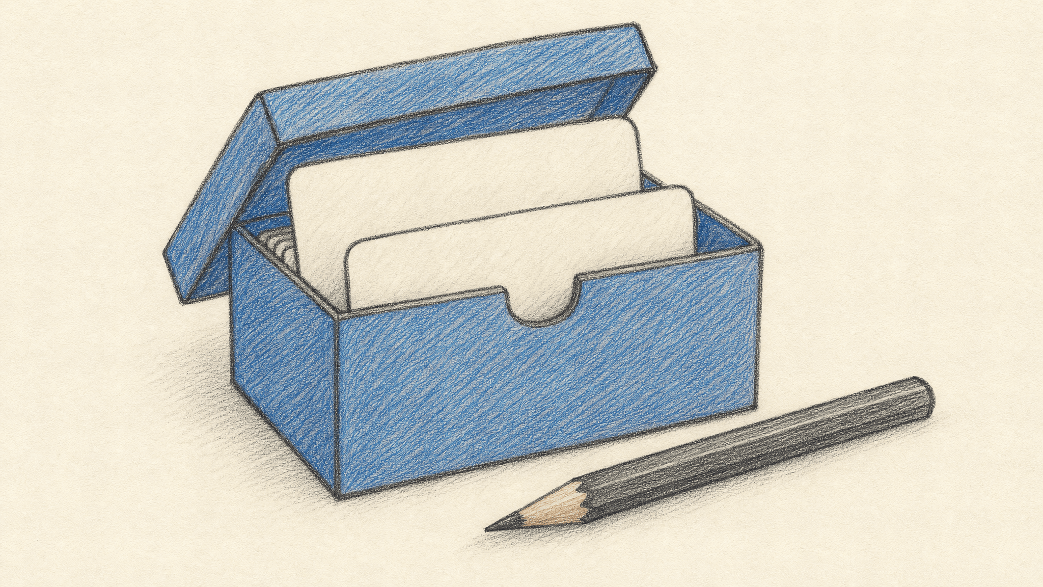 Pencil illustration of an open blue index-card box and pencil representing task memory
