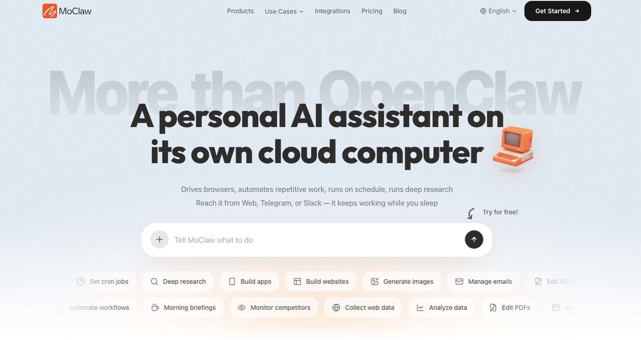 Zentor (formerly MoClaw) personal AI assistant running on its own cloud computer