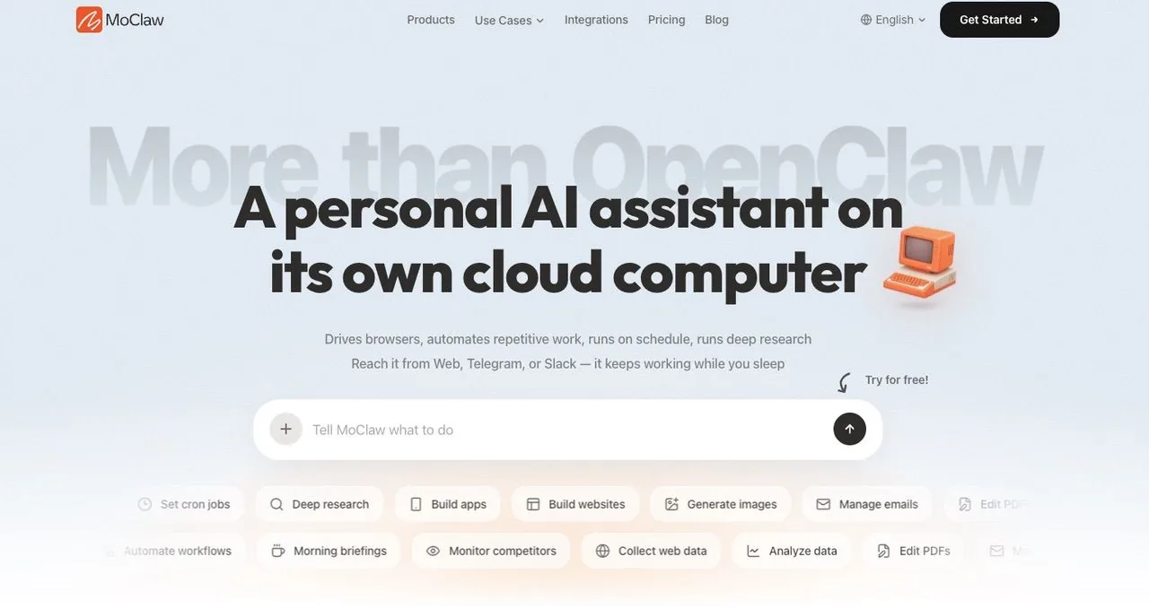 Zentor (formerly MoClaw) personal AI assistant running on its own cloud computer