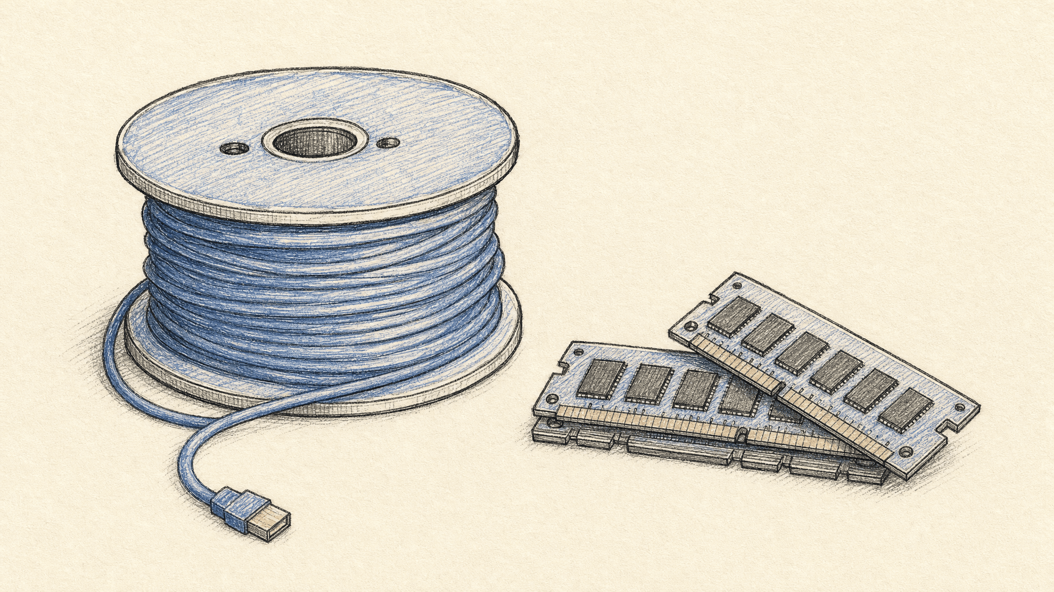 A pencil illustration of memory modules and a cable spool separates stored model size from active computation.