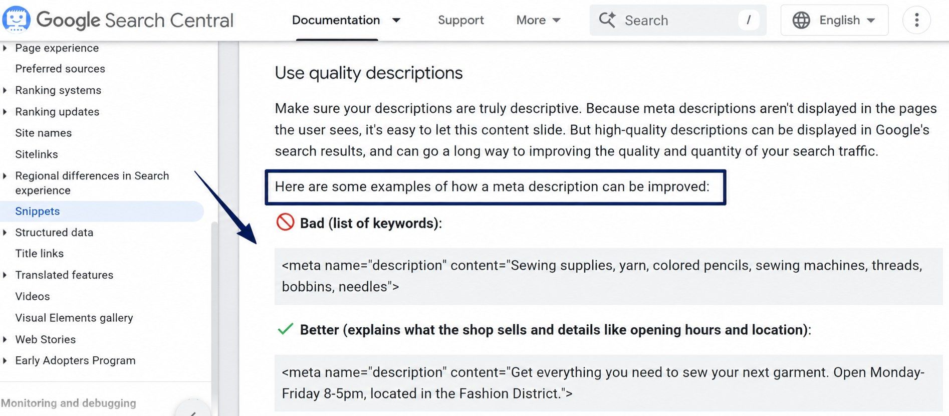 Google Search Central's snippet guidance, contrasting a meta description that lists keywords with one that explains what the shop sells