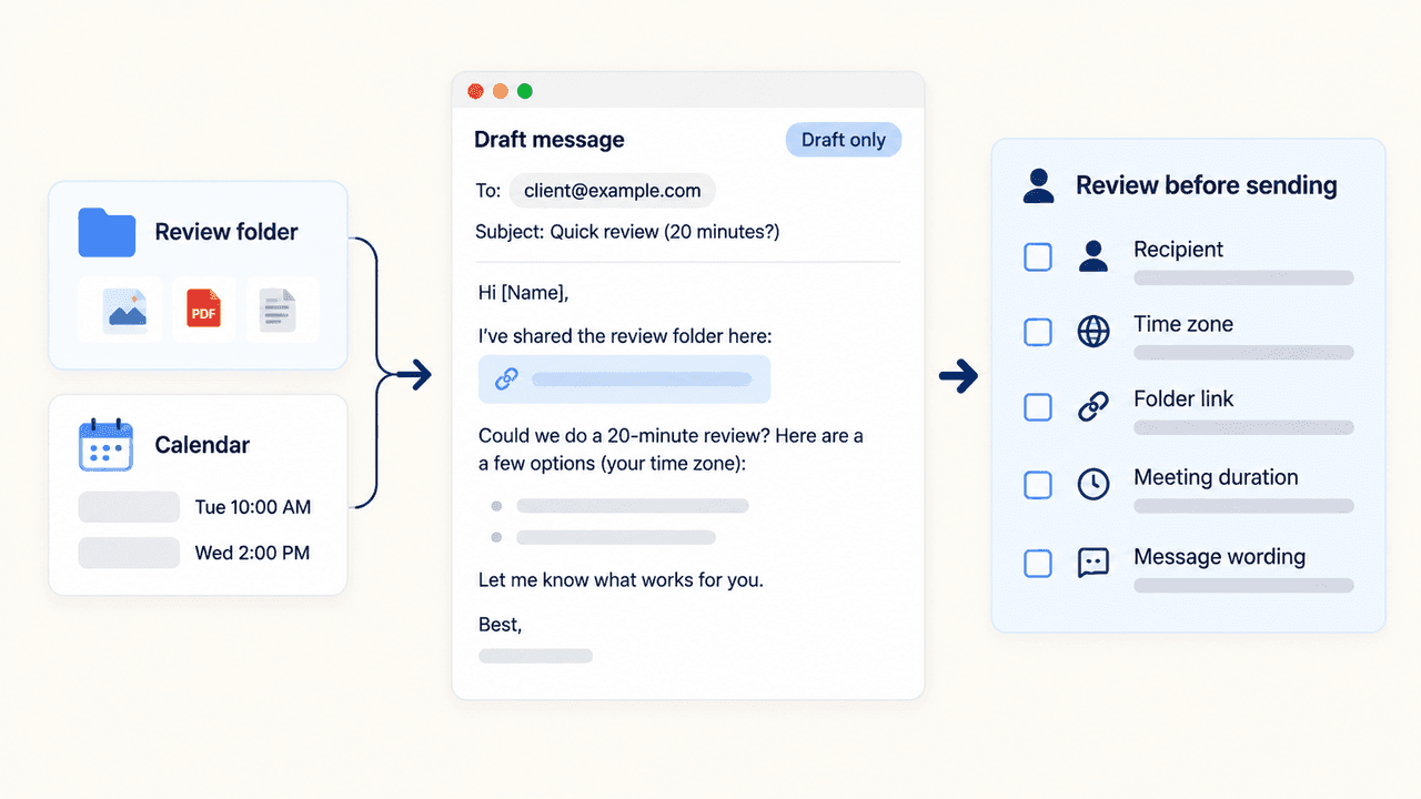 View the workflow automation features available in meta muse for mac to draft emails and organize schedules.
