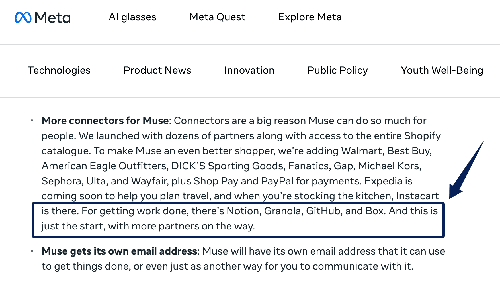 Excerpt from Meta's Connect 2026 announcement naming Notion, Granola, GitHub, and Box as Muse work connectors.