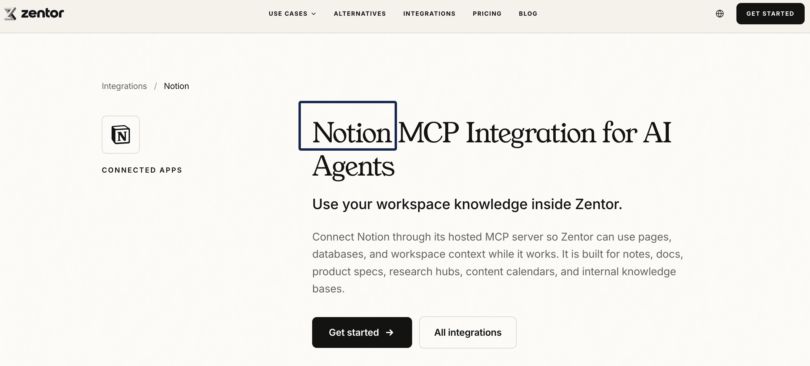Zentor's Notion MCP integration page, shown as a separate way to connect Notion to an AI workspace.
