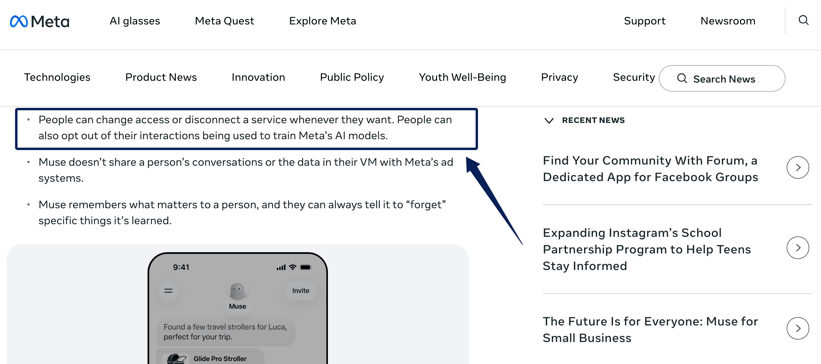 Learn about user data control and privacy settings available when managing your meta muse integrations and model training.