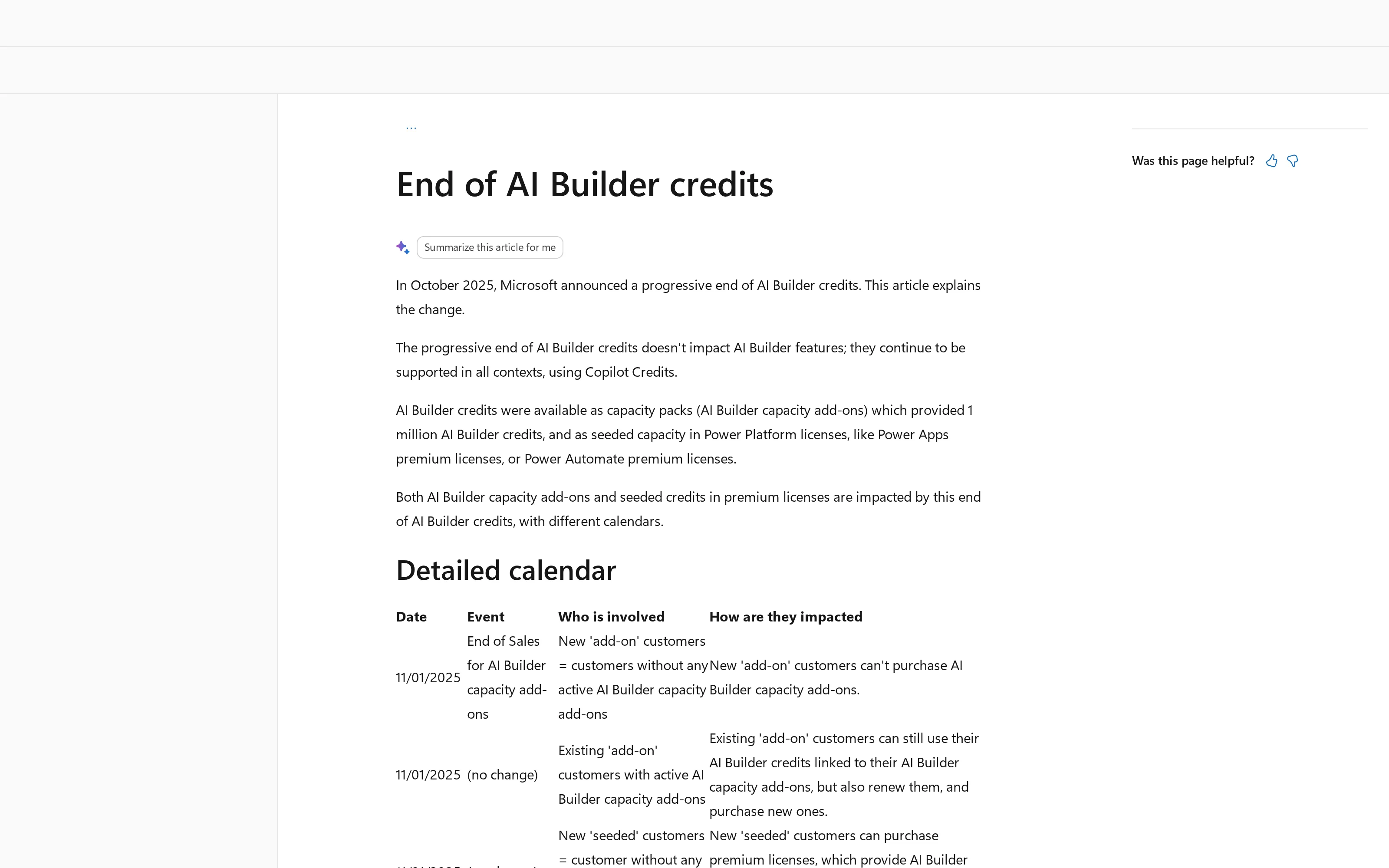 Microsoft Learn's End of AI Builder credits page showing the program change and detailed calendar