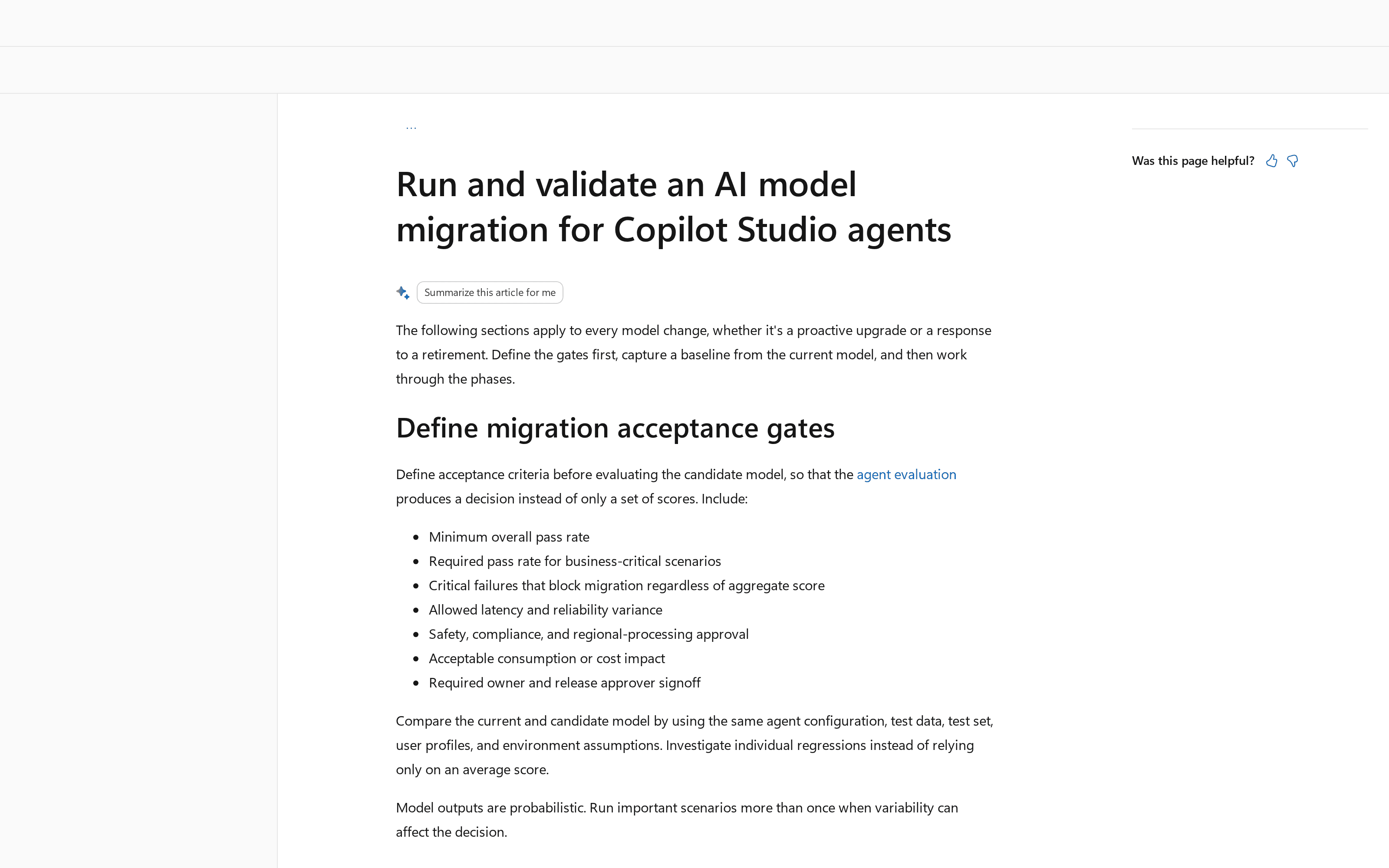 Microsoft's migration guidance opens with acceptance gates for quality, latency, safety and consumption.