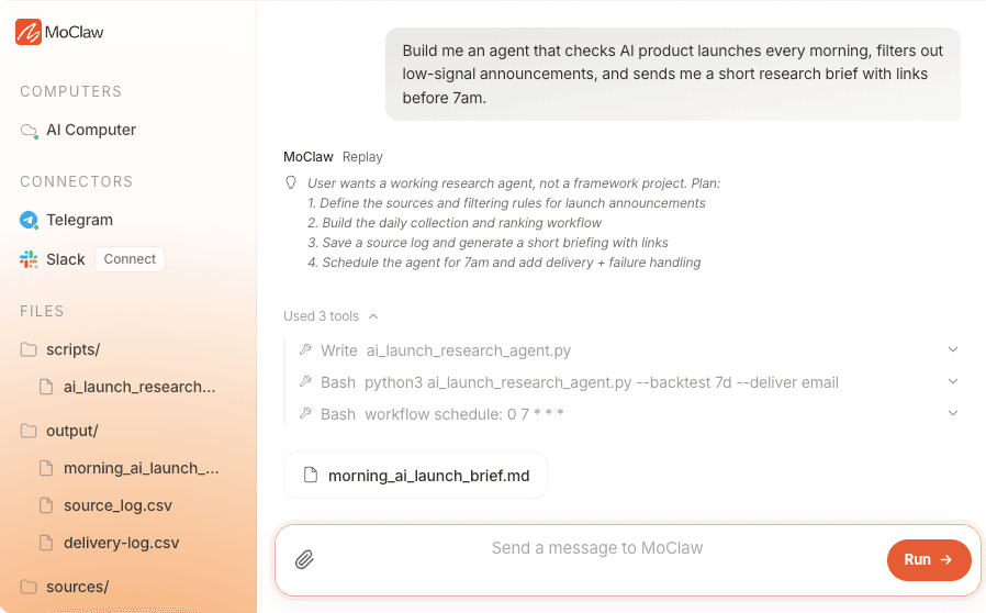 A Zentor (formerly MoClaw) agent run building a scheduled AI product launch research brief, showing the plan, three tool calls, and the delivered brief file