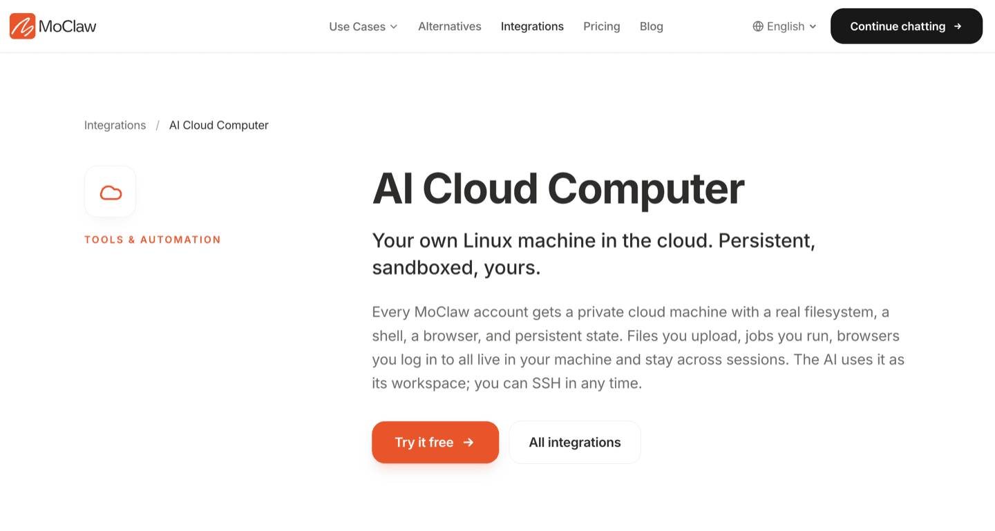 Zentor (formerly MoClaw) AI Cloud Computer page: a persistent, sandboxed Linux machine that keeps running when the laptop is closed.