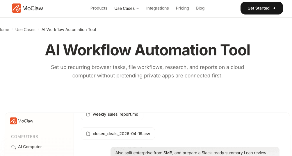 Zentor (formerly MoClaw) AI Workflow Automation Tool page showing recurring browser and file workflows