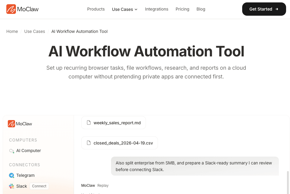 Zentor (formerly MoClaw) AI Workflow Automation Tool use-case page showing recurring browser tasks, file workflows, and report generation on a cloud computer