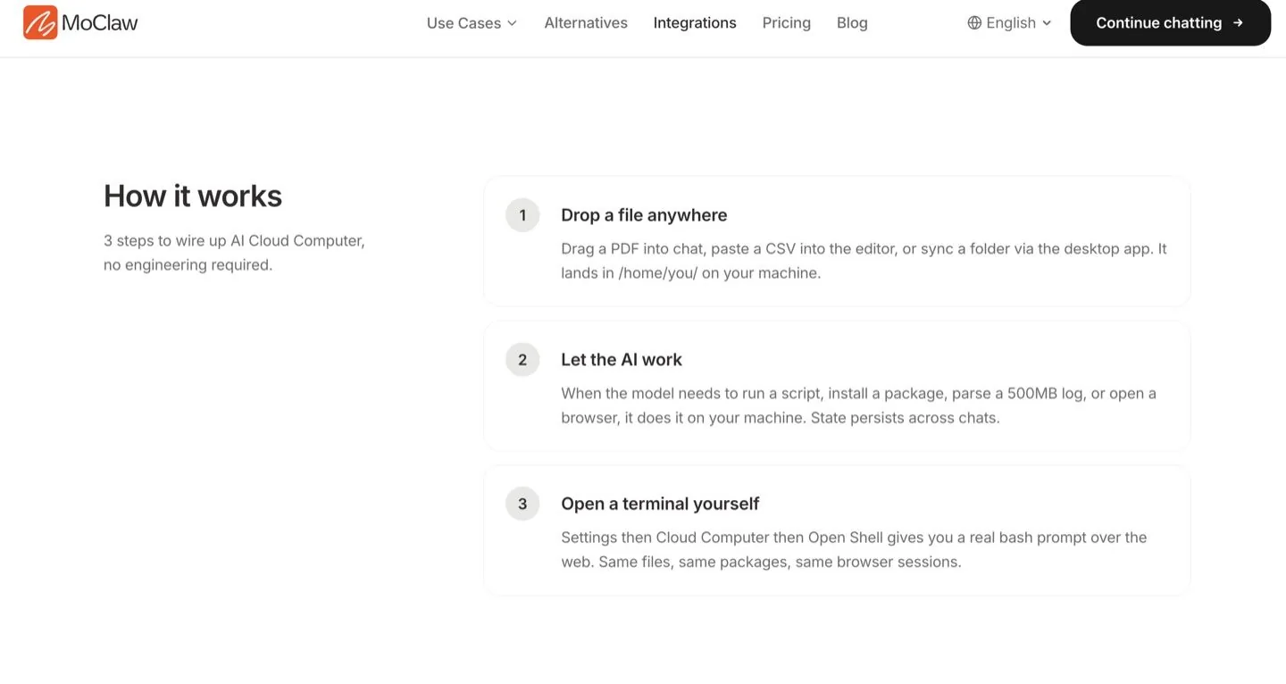 Zentor (formerly MoClaw) AI Cloud Computer page showing the three-step how it works flow