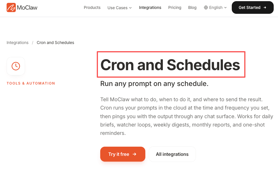 Zentor (formerly MoClaw) Cron and Schedules integration page for running any prompt on any schedule