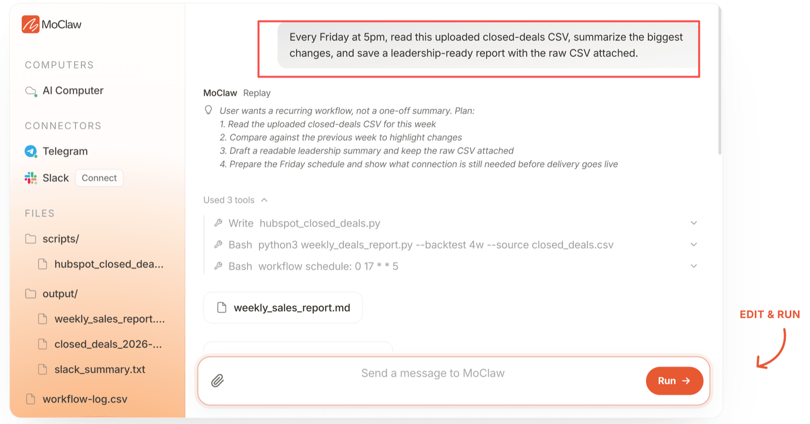 Zentor (formerly MoClaw) handling the same split: a scheduled Friday report reads the uploaded file, and the raw file stays attached to the output.