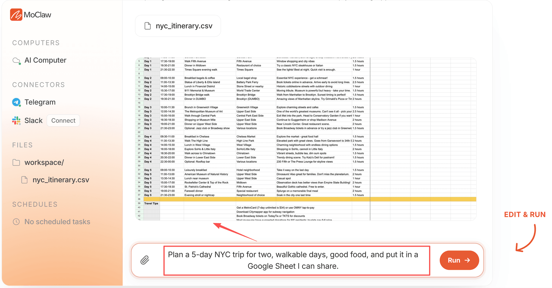 Zentor (formerly MoClaw) turning a plain-language trip request into a shareable itinerary spreadsheet.