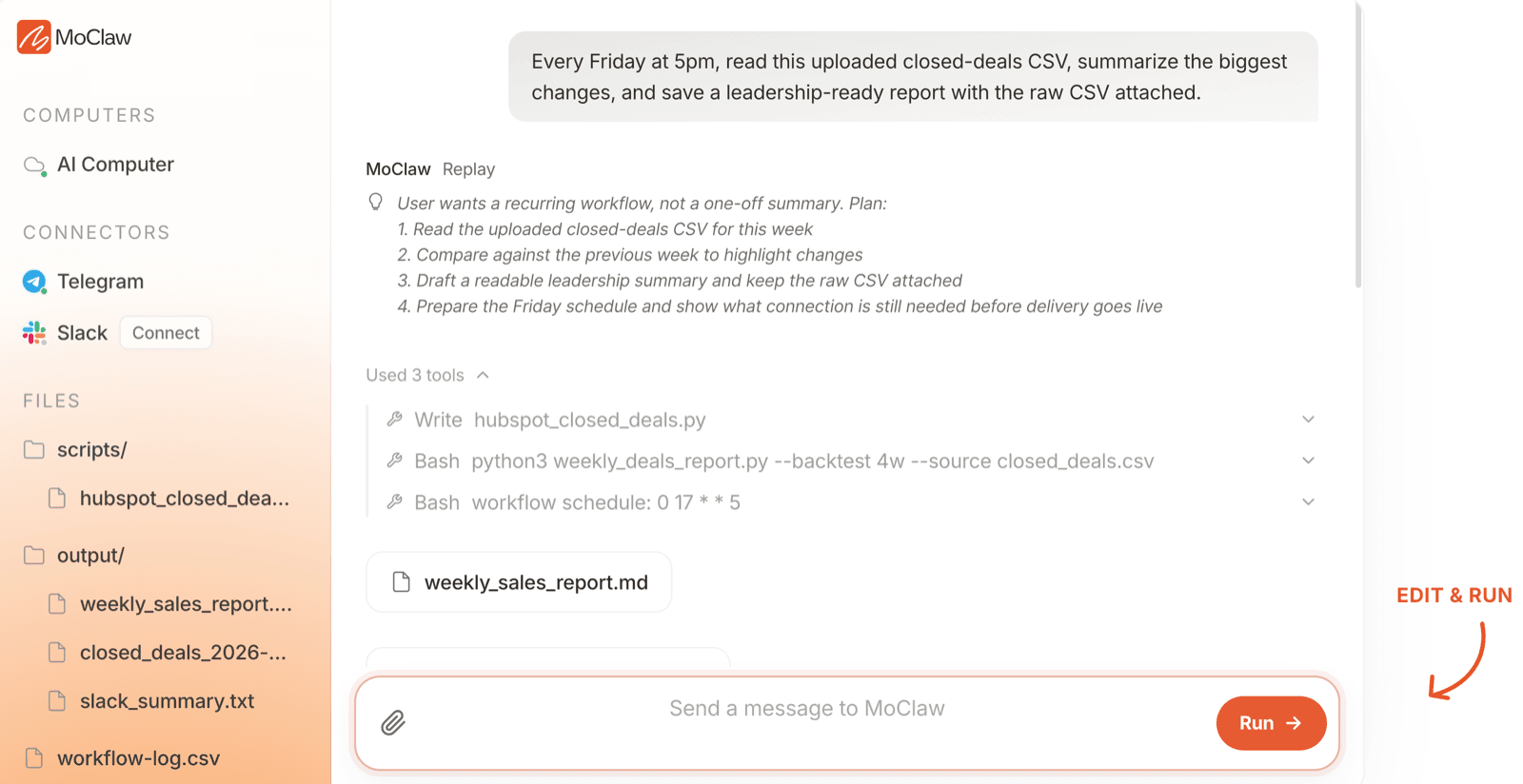 Zentor (formerly MoClaw) planning the same shape of recurring work from an uploaded CSV, with the schedule and the tools it used.