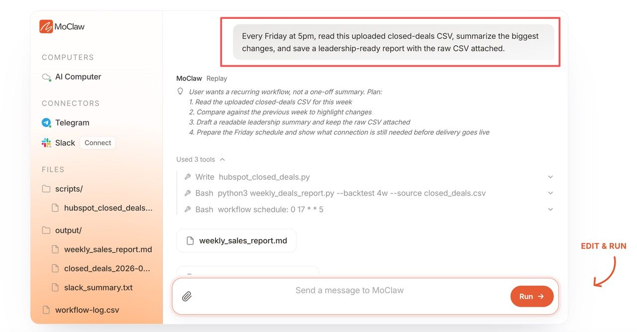 A Zentor (formerly MoClaw) session turning a weekly closed-deals CSV into a scheduled leadership report, showing the plan, the tools used, and the output files