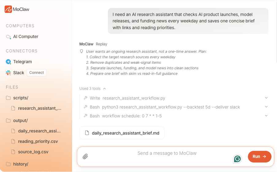 Zentor (formerly MoClaw) running a recurring AI research assistant: it plans the weekday brief, writes research_assistant_workflow.py, schedules it, and delivers a daily brief with a source log