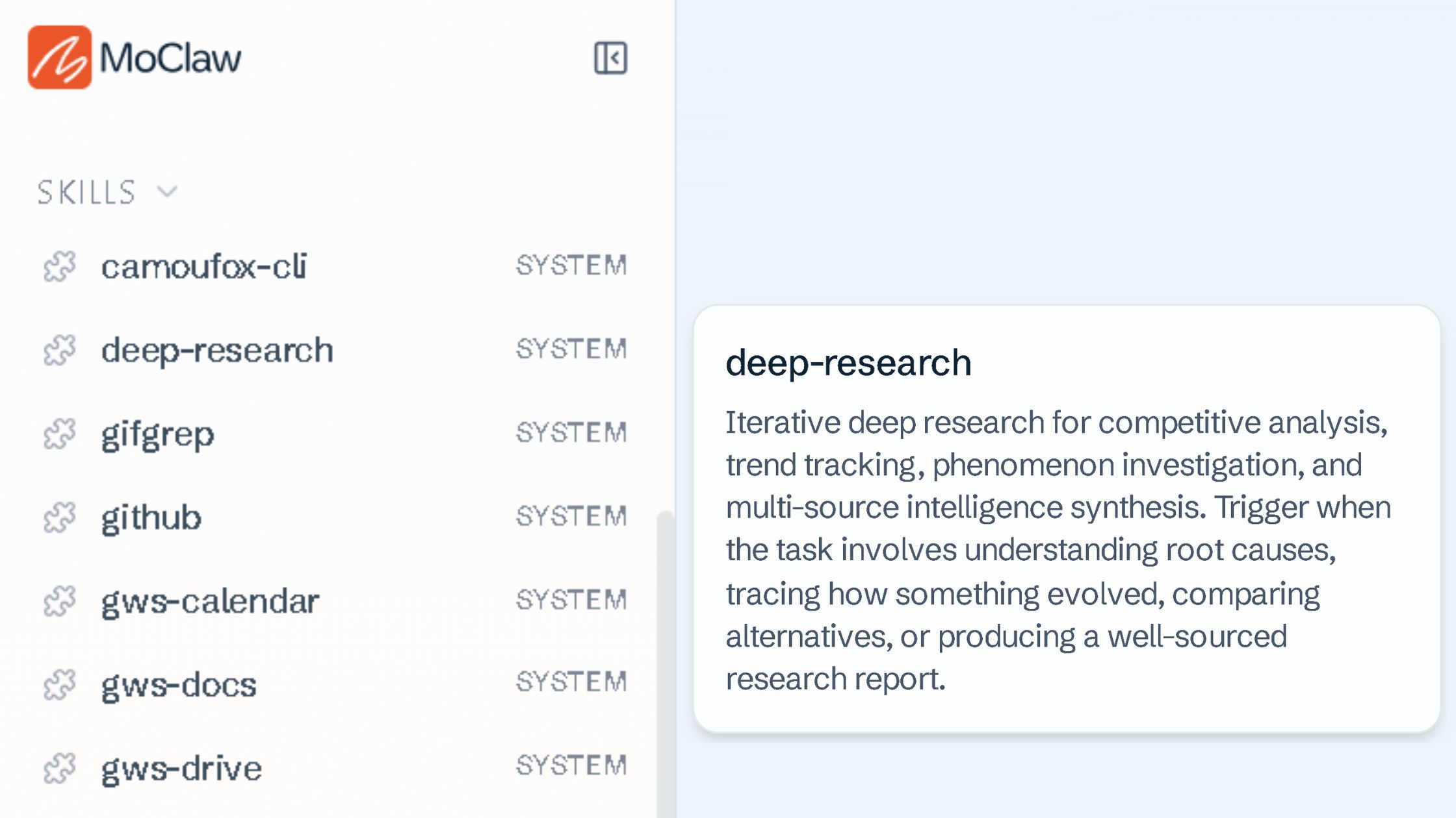 Built-in agentic skills in Zentor (formerly MoClaw), including deep research