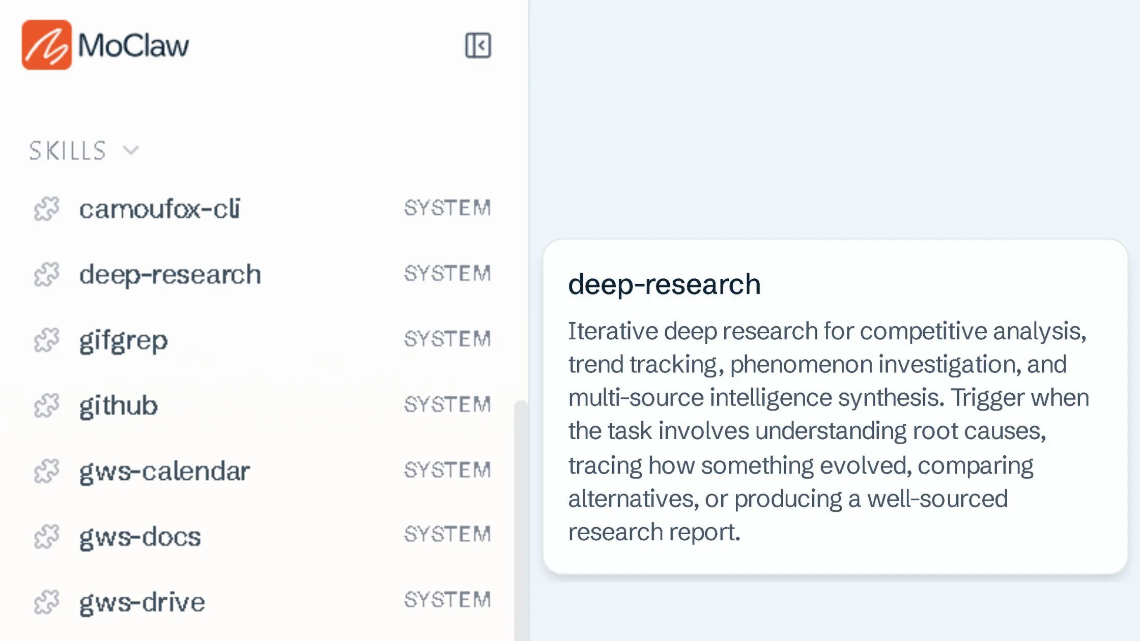 Built-in agentic skills in Zentor (formerly MoClaw), including deep research