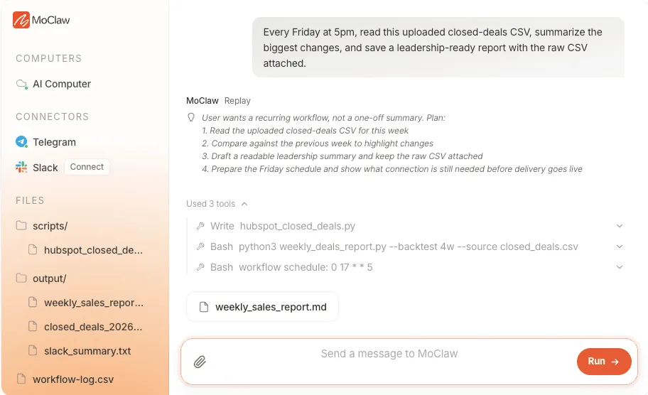 A Zentor (formerly MoClaw) agent run scheduling a weekly closed-deals report, showing the plan, three tool calls, and the delivered report file with the raw CSV attached