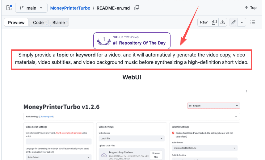 MoneyPrinterTurbo GitHub README showing the #1 Repository of the Day badge and a description of its automatic topic-to-video pipeline