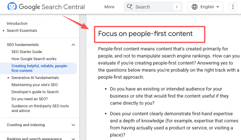 Google Search Central guidance on people-first content, highlighting first-hand expertise and depth of knowledge as quality signals