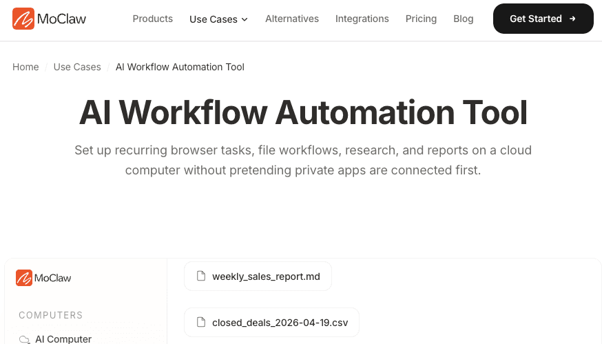 Zentor (formerly MoClaw) AI Workflow Automation Tool use-case page showing recurring browser tasks, file workflows, and report generation on a cloud computer