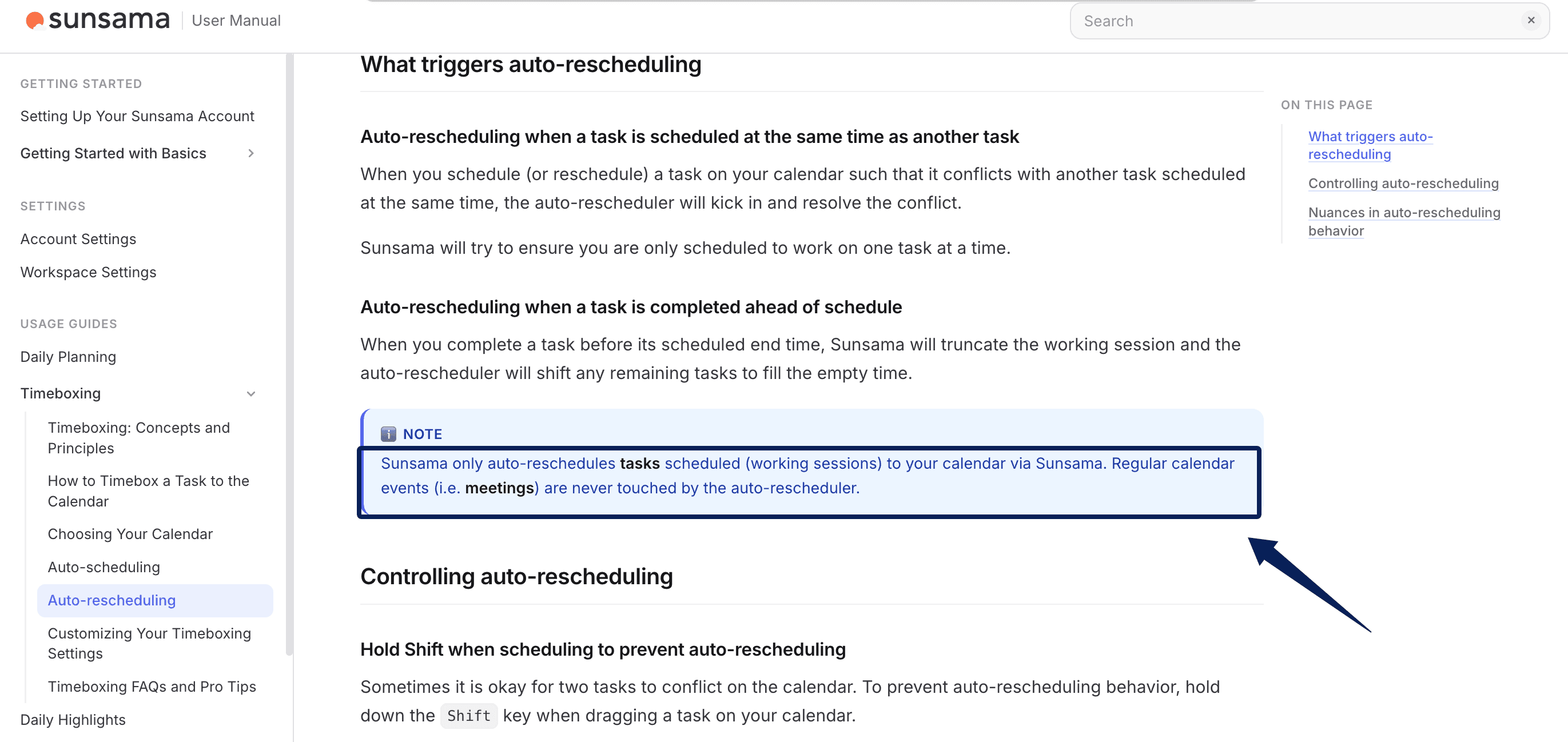 Screenshot of Sunsama's auto-rescheduling documentation: Sunsama work sessions can move, but regular meetings are not moved by the auto-rescheduler.