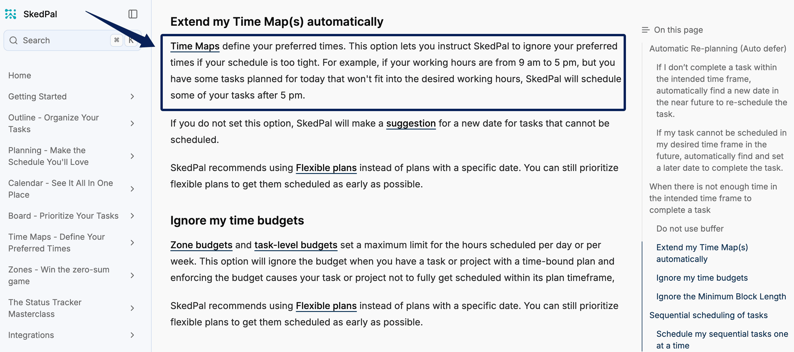Screenshot of SkedPal's advanced-options documentation: extending a Time Map may let work run past preferred hours.