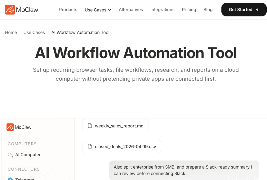 Zentor (formerly MoClaw) AI Workflow Automation Tool page showing recurring browser and file workflows on a cloud computer