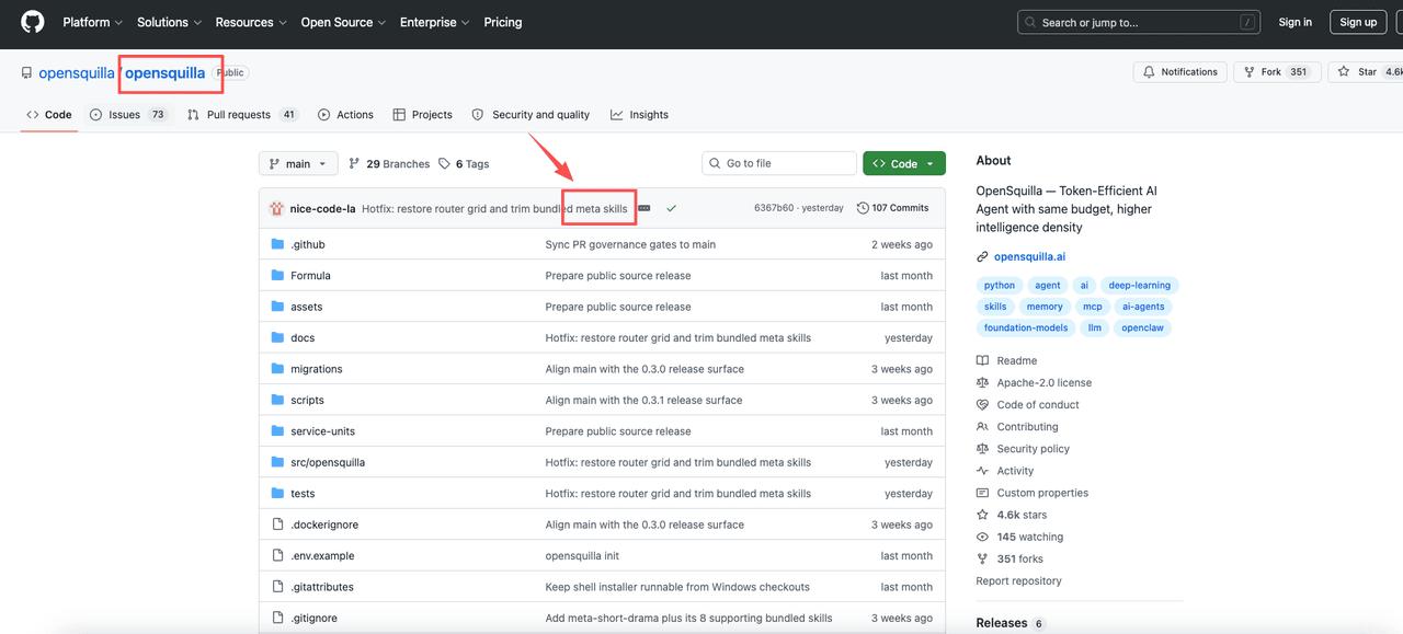 The OpenSquilla open-source agent runtime on GitHub, which ships its own feature named MetaSkill