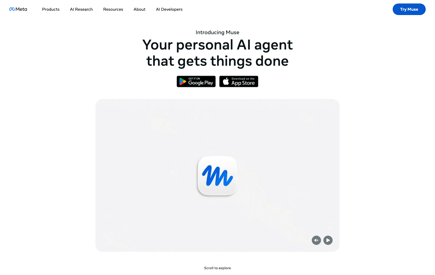 The official Muse product page at ai.meta.com, distributed through the App Store and Google Play, which is what makes the rollout country-gated