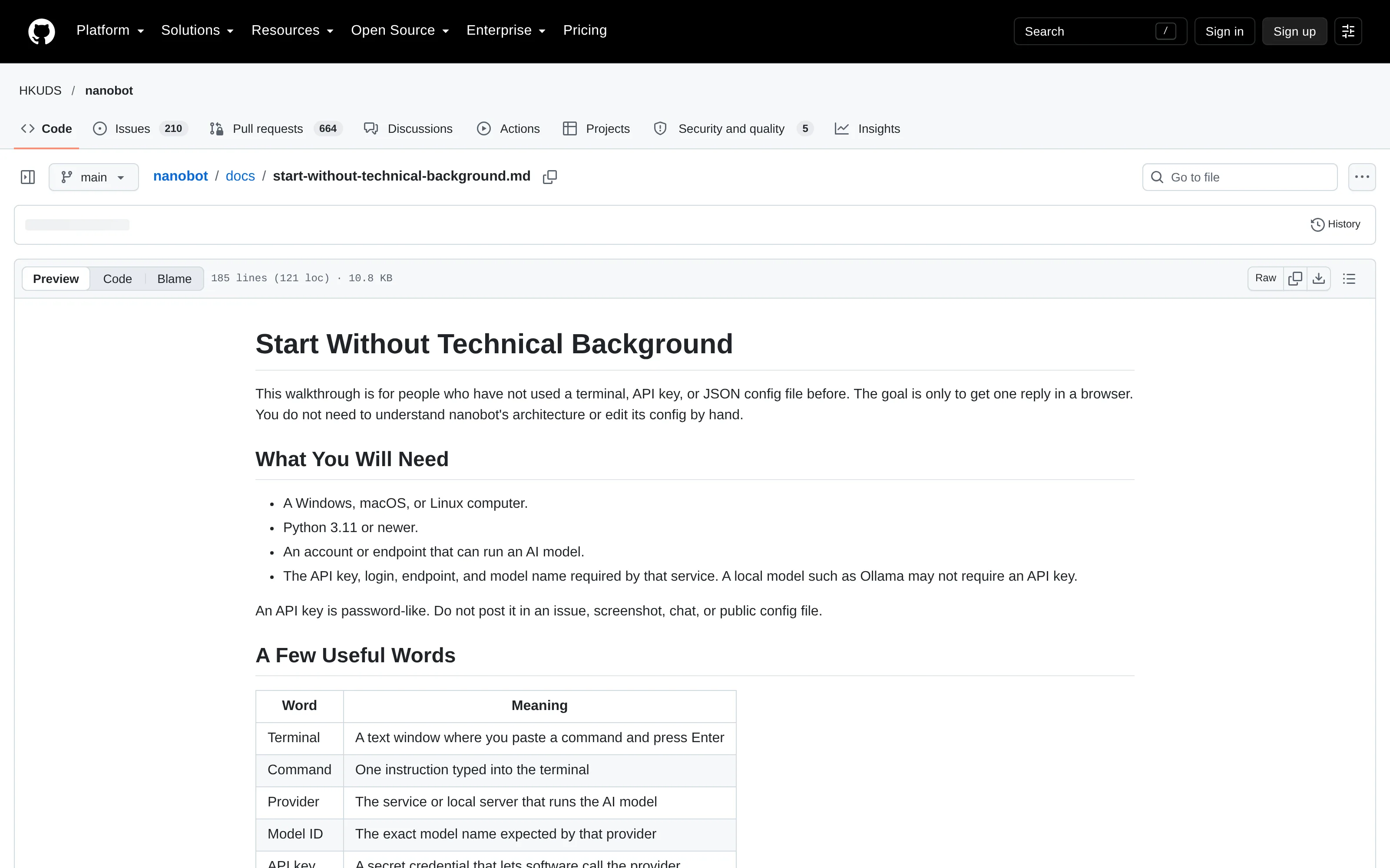 GitHub screenshot of nanobot's official beginner installation guide and prerequisites