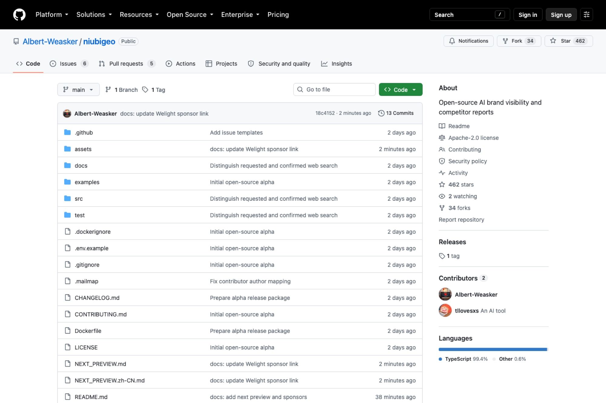 The NiubiGEO repository on GitHub, showing the Apache-2.0 license, 462 stars and a single v0.1.0-alpha tag