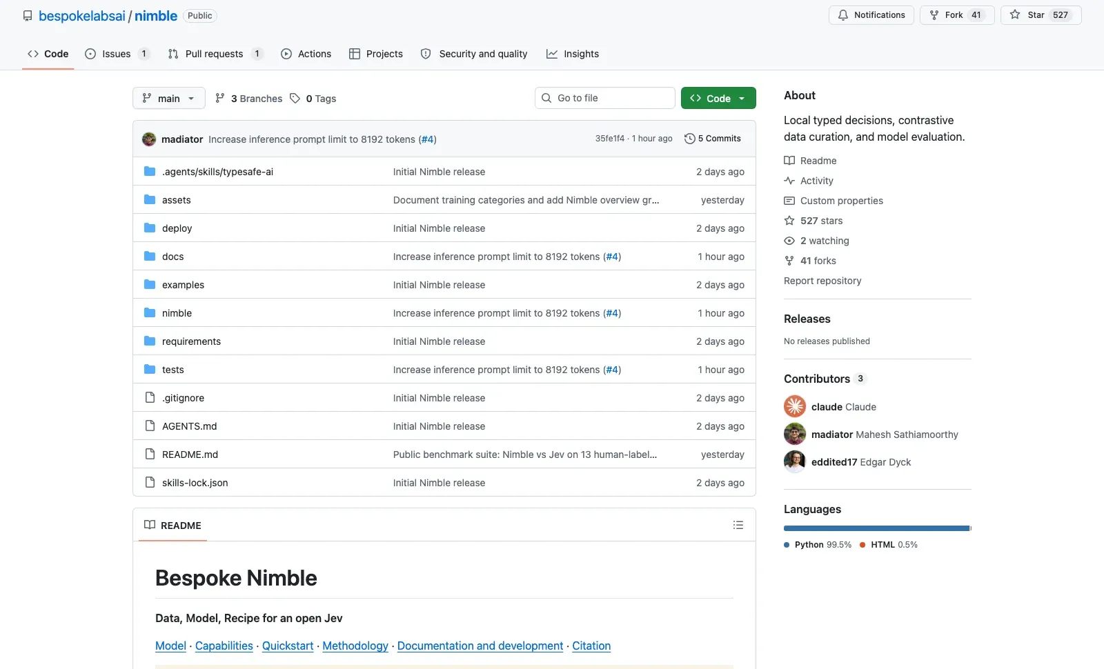 The bespokelabsai/nimble repository on 20 September 2026: 527 stars, 41 forks, five commits, no releases published, and no LICENSE file in the root listing