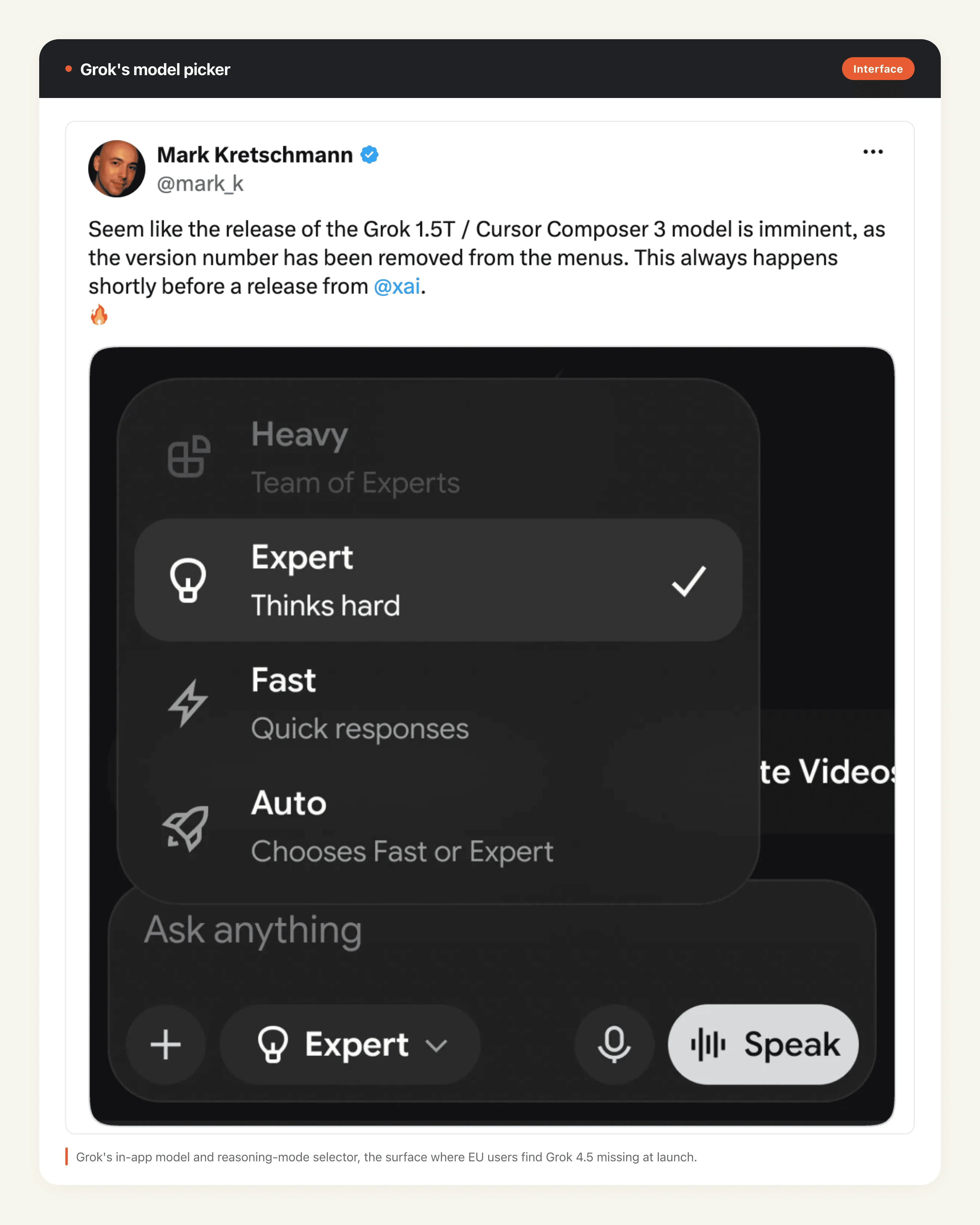 Grok's in-app model and reasoning-mode selector showing available Grok models and reasoning modes