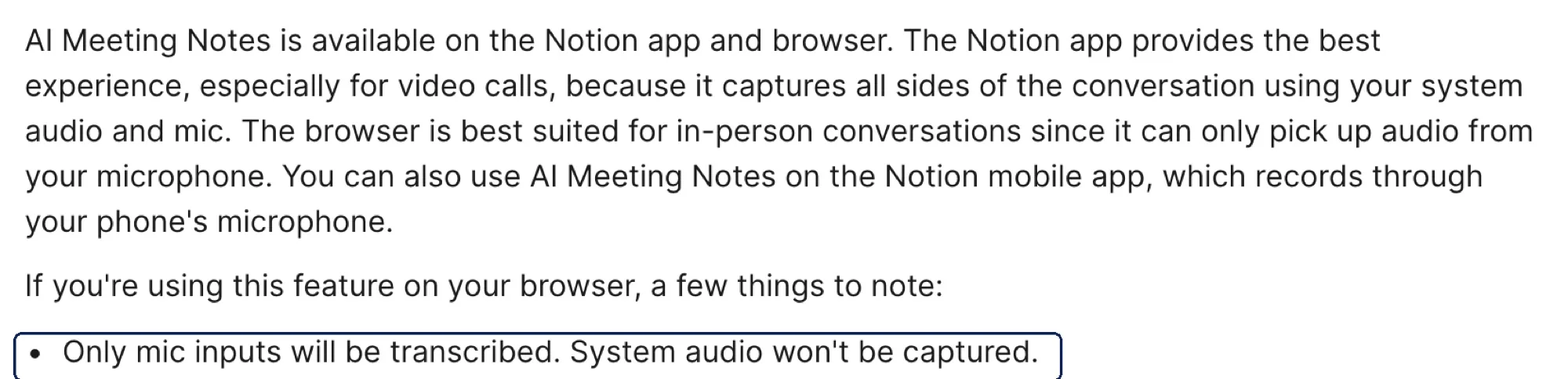Notion's AI Meeting Notes help page: the desktop app captures system audio and mic, while the browser transcribes only your microphone (screenshot, October 21, 2026)