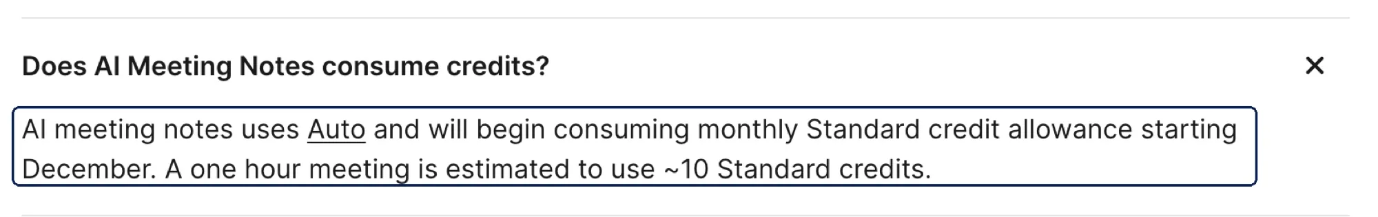 Notion's credit FAQ: AI Meeting Notes uses Auto and starts consuming the monthly Standard allowance in December, about 10 credits per one-hour meeting (screenshot, October 21, 2026)
