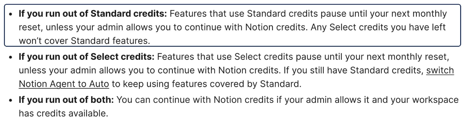 Notion's credit page: when Standard credits run out, Standard features pause until the next monthly reset unless an admin allows Notion credits