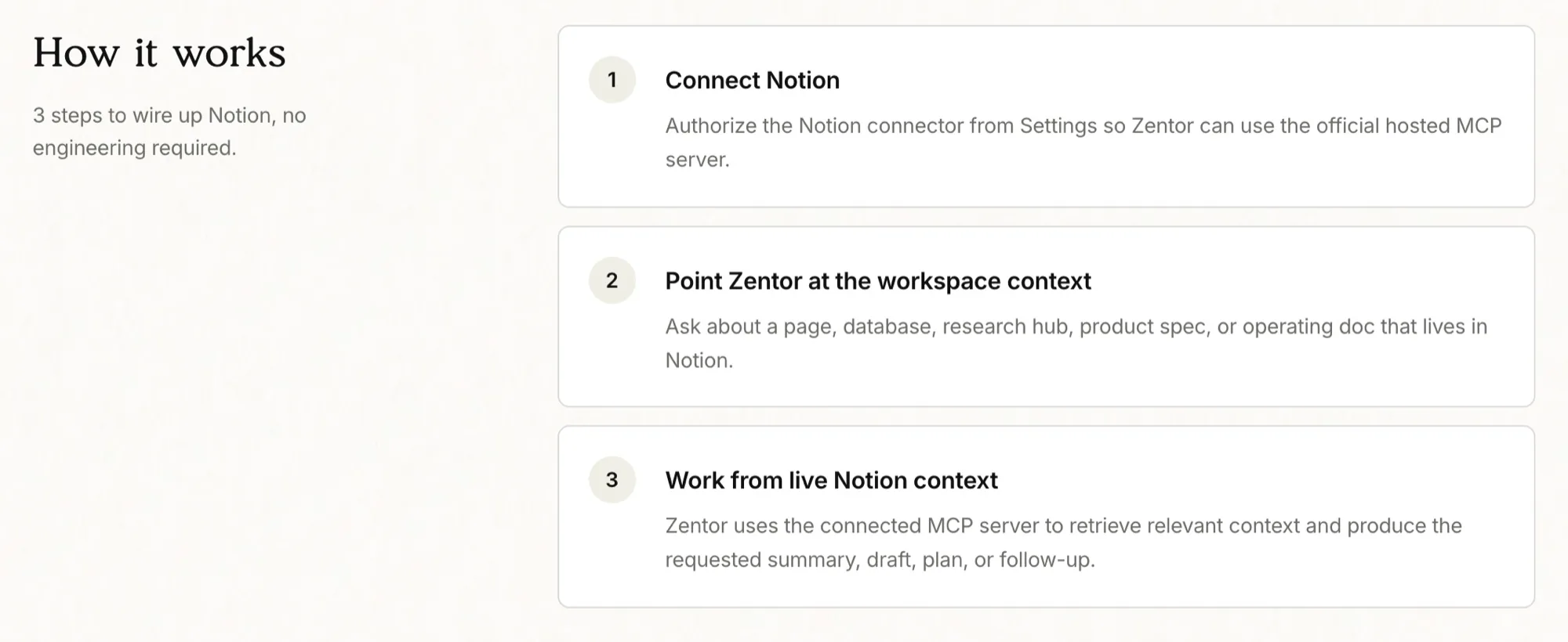 Zentor's Notion integration connects through Notion's official hosted MCP server in three steps