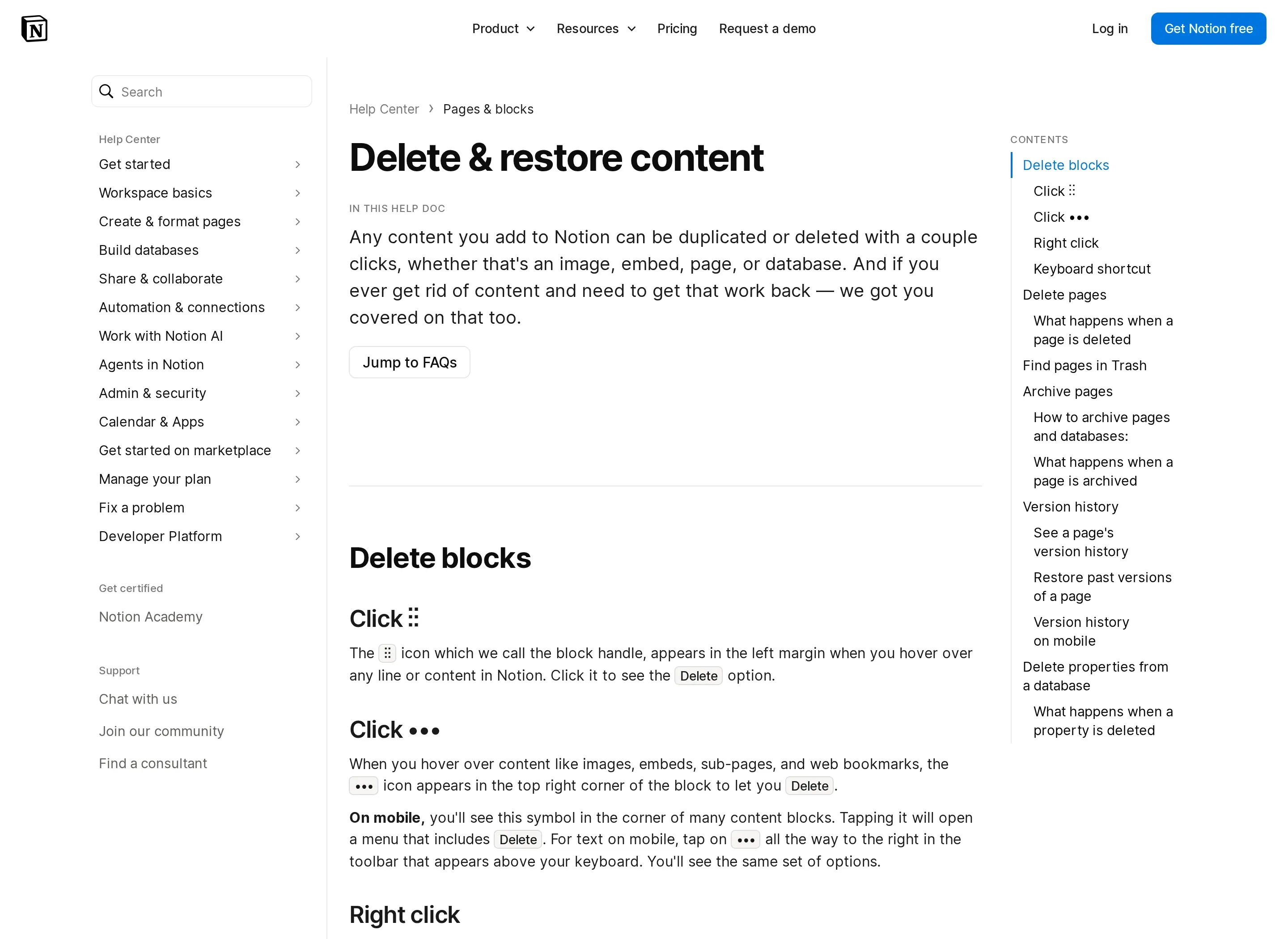 Notion's public Help Center lists Version history and Restore past versions; this documentation view is not a logged-in client page.
