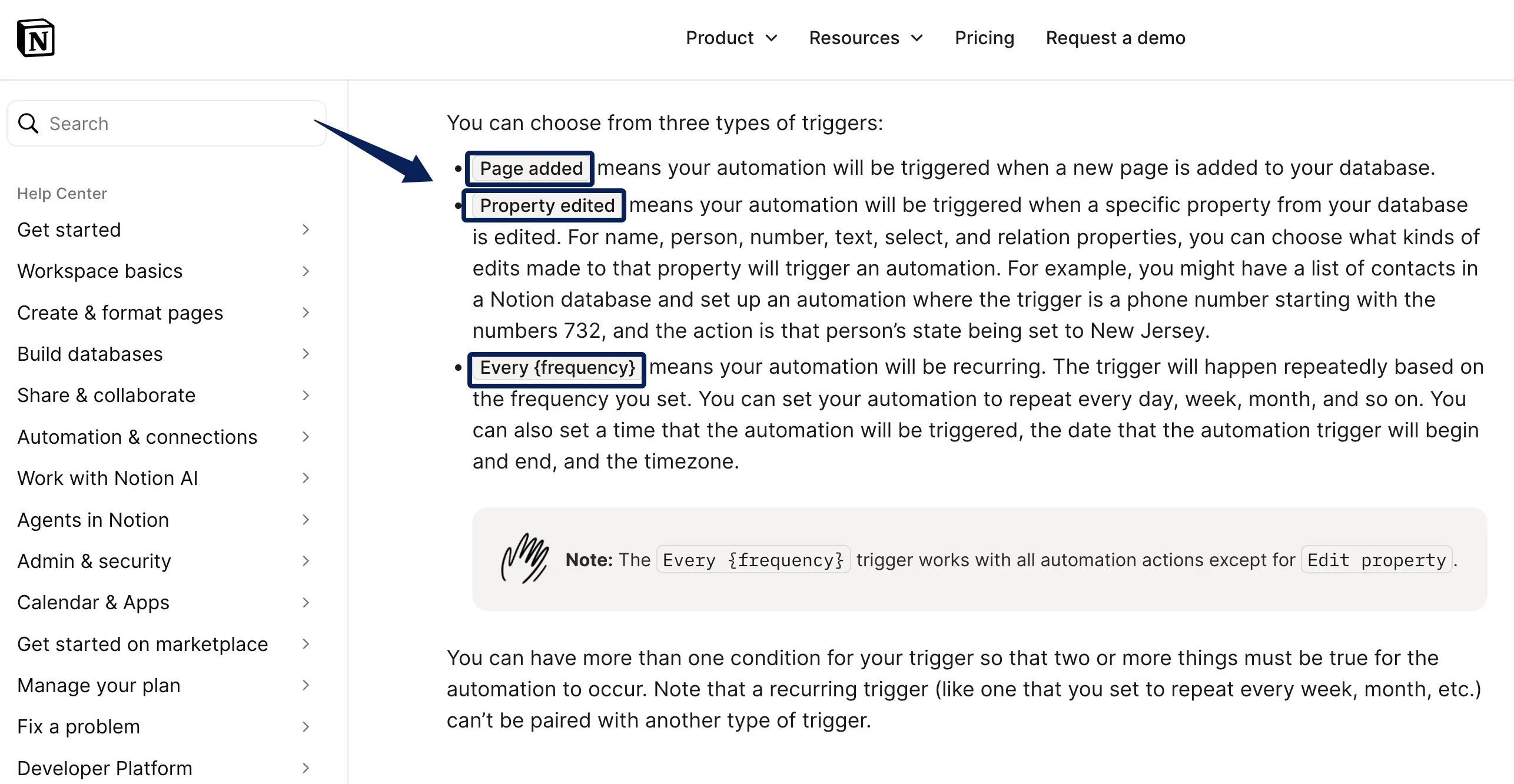 Notion help lists page-added, property-edited, and recurring database triggers, with an exception for editing properties on a recurring trigger.