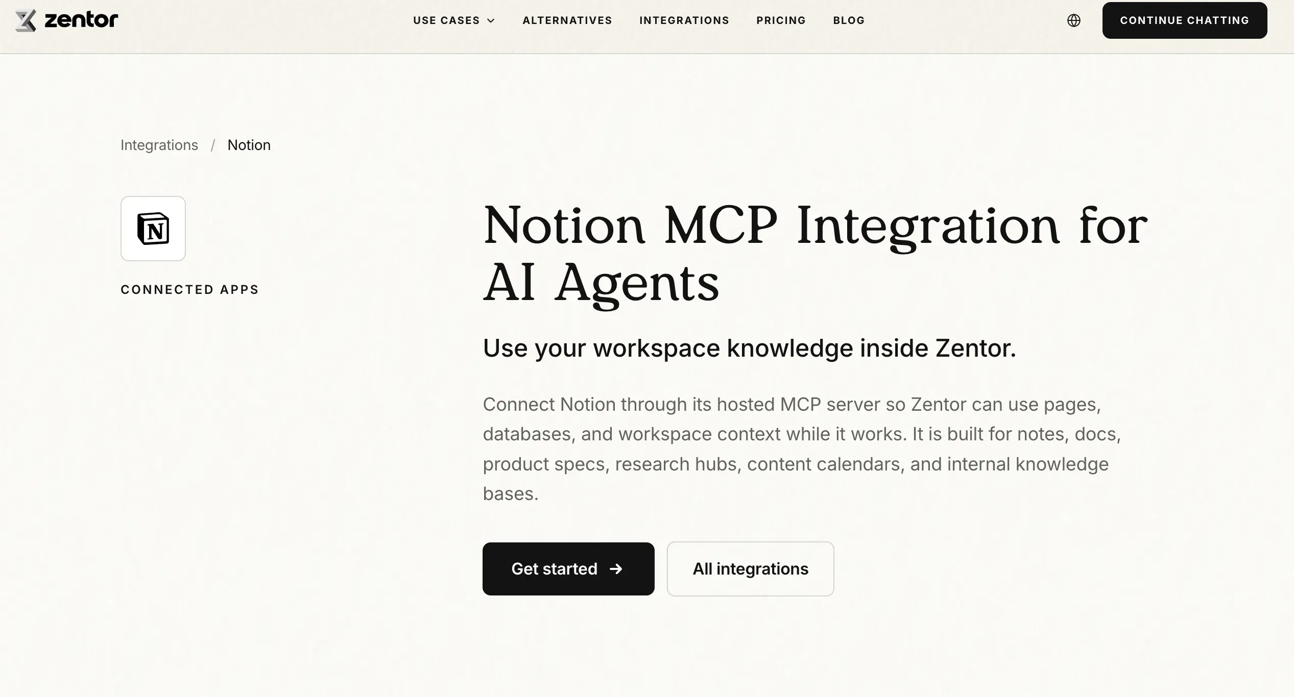 Zentor’s Notion MCP integration page describes using Notion workspace knowledge inside Zentor; it does not show a Notion trigger or email send.